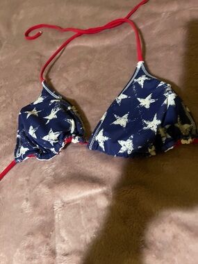 Navy Star Print Triangle Bikini Top reversible with Red Straps on other side